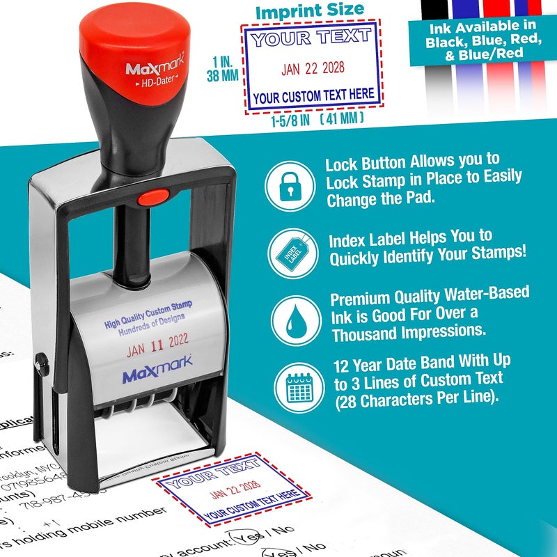 MaxMark Heavy Duty Self Inking Date Stamp with Phrase Approved - 2 Color Blue/Red Ink - Image 4